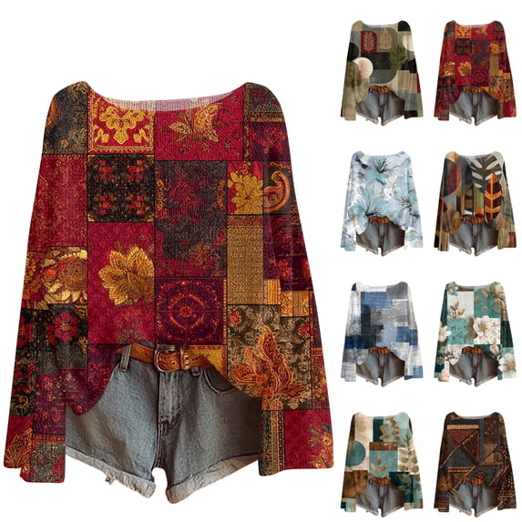 Wutalume Women's Lightweight Sweater Casual Long Sleeve Knitted Vintage Floral Print Pullover, Retro Style Top, Soft Fabric for Boho Chic Looks,Coffee M