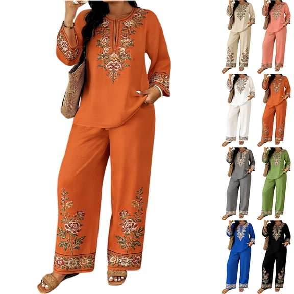 Wutalume Women's Long Sleeve Floral Two Piece Set - Lace Trim Ethnic Style Outfit, Bohemian Casual Loose Fit for Spring and Autumn Daily,Beige S