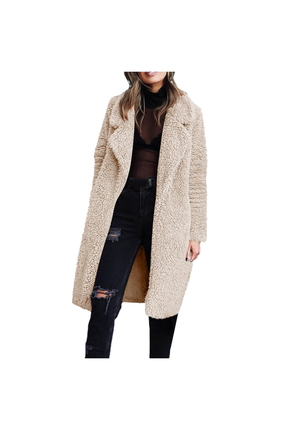 Women's Long-Sleeved Warm Plush Jacket with Lapel, Cozy Winter Outerwear, Soft Fleece Lining, Comfortable Fit, Ideal for Cold Weather,Beige M