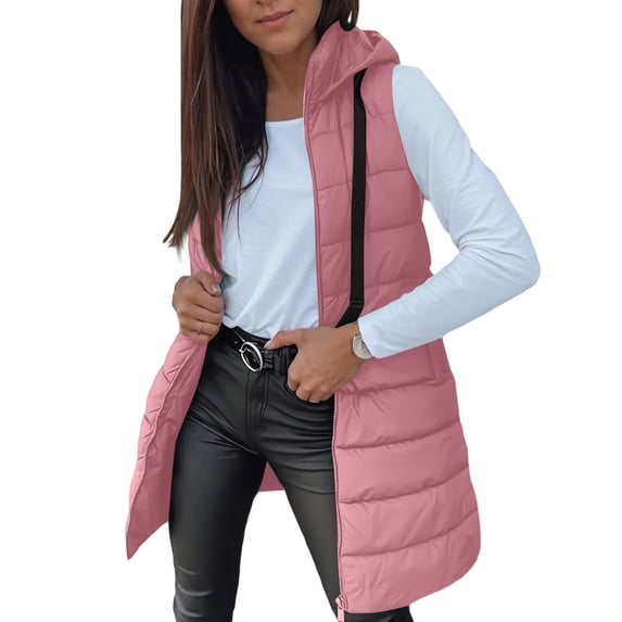 Wutalume Women's Long Vest Plain Sleeveless Hood Winter Vest Outwear Jacket, Lightweight Warm Coat, Solid Color, Casual Style, Ideal for Cool Weather and Layering,Light pink M