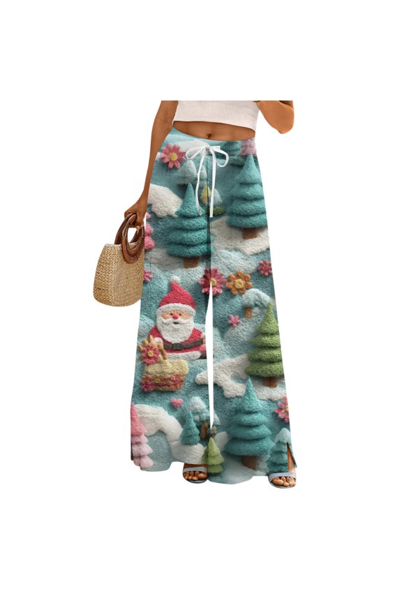 Women's Loose and Casual Christmas Printed Wide Leg Pants with Elastic Waistband Drawstring and Pocket for Comfortable and Festive Wear,Light Blue S