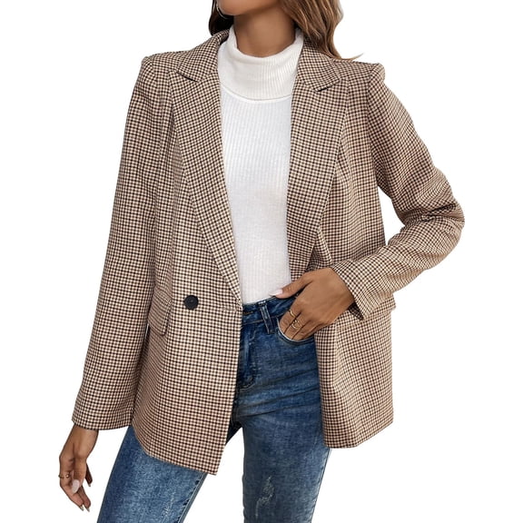 Wutalume Women's Loose Casual Lapel Loose Long Sleeved Pocket Coat, Fashionable Houndstooth Pattern, Warm and Comfortable, Perfect for Everyday Wear and Office Outings,Khaki XL