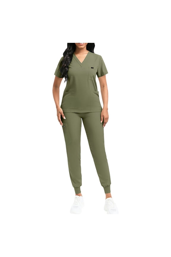 Women's Loose Comfortable V-Neck Short Sleeve Beauty Scrub Set, Multi-Pocket Top and Pants, Spa Uniform Outfit,Green 2XL
