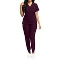 thumbnail image 1 of Wutalume Women's Loose Comfortable V-Neck Short Sleeve Beauty Scrub Set, Multi-Pocket Top and Pants, Spa Uniform Outfit,Wine XL, 1 of 3