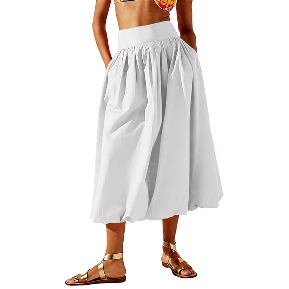 Wutalume Women's Midi Skirt with Deep Pockets, Pleated Design, Elastic Waistband, Flowy A-Line Skirt for Casual, Office, and Weekend Outfits,White S