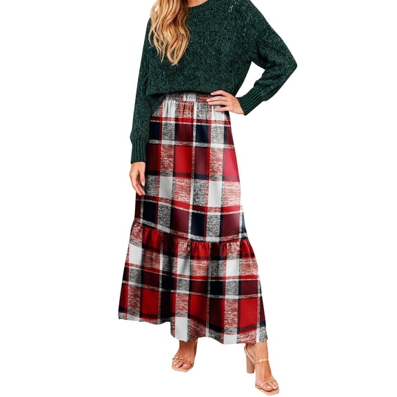 Wutalume Women's Plaid Print Ruffled Casual Long Skirt, Loose Fit Tiered Maxi Skirt with Pleated Detail, Bohemian Style for Everyday,Deep Red M