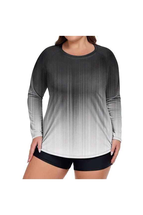 Women's Plus Size Gradient Print Long Sleeve Swim Shirt UPF 50+ Quick Dry Sun Protection Jacket for Swimming Hiking Travel,Black 5XL