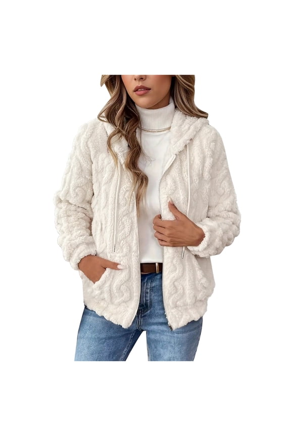 Women's Plush Jacket, Casual Solid Color Hooded Drawstring Jacket, Jacquard Design for Fall and Winter, Soft and Warm, Perfect for Relaxed Fit and Comfort,Beige L