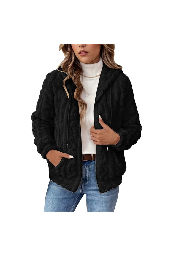 Women's Plush Jacket, Casual Solid Color Hooded Drawstring Jacket, Jacquard Design for Fall and Winter, Soft and Warm, Perfect for Relaxed Fit and Comfort,Black 2XL