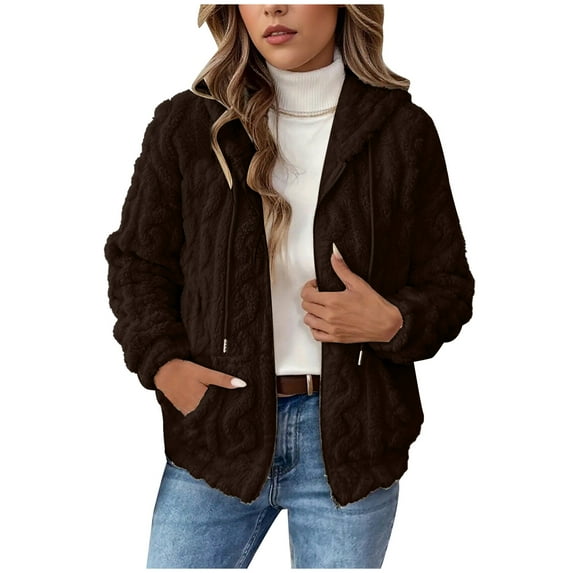 Wutalume Women's Plush Jacket, Casual Solid Color Hooded Drawstring Jacket, Jacquard Design for Fall and Winter, Soft and Warm, Perfect for Relaxed Fit and Comfort,Coffee 2XL