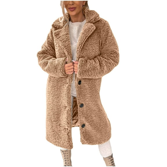 Wutalume Women's Plush Lapel Jacket with Long Sleeves, Warm and Soft Fleece Interior,for Winter Season, Casual Daily Wear, Lightweight Design for Easy Layering and Comfort,Khaki XL