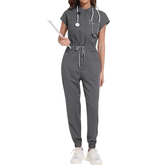 Wutalume Women's Professional Casual Scrub Set, Solid Color Short Sleeve Top and Relaxed Fit Pants, Medical Nurse Uniform,Gray M