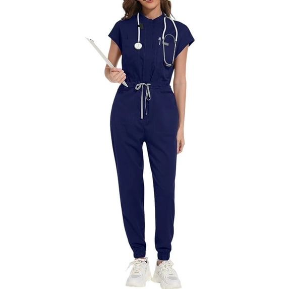 Wutalume Women's Professional Casual Scrub Set, Solid Color Short Sleeve Top and Relaxed Fit Pants, Medical Nurse Uniform,Navy XL