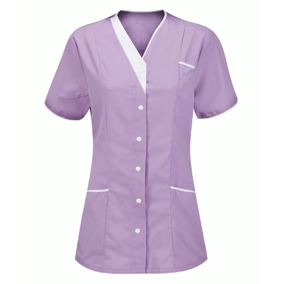 Wutalume Women's Quick Dry Fabric Solid Color V-Neck Short Sleeve Scrub Top, Healthcare and Medical Work Uniform,Light Purple XL