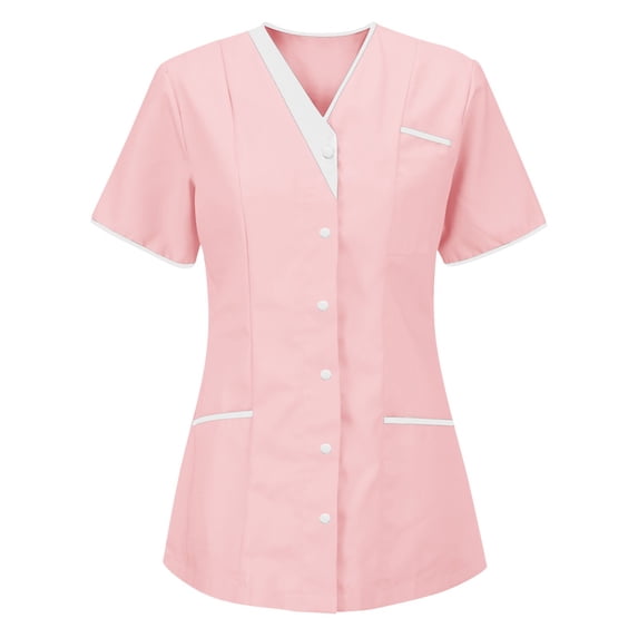 Wutalume Women's Quick Dry Fabric Solid Color V-Neck Short Sleeve Scrub Top, Healthcare and Medical Work Uniform,Pink 2XL