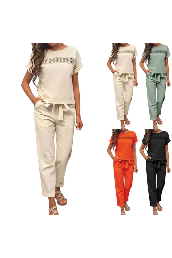 Women's Retro Elastic Waist Two Piece Set - Spring Summer Casual Outfit, Breathable Loungewear for Daily Vacation and Home,Black S