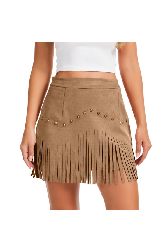Women's Retro Studded Fringe Suede Faux Leather A-Line Skirt, High Waist Mini Skirt, Rock Chic Style for Party and Night Out,Camel 2XL