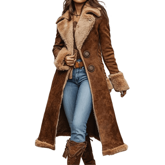 Wutalume Women's Retro Western Denim Trench Coat with Plush Fleece Insulation, Fashionable and Warm Jacket for Casual Outings and Winter Comfort,Camel L