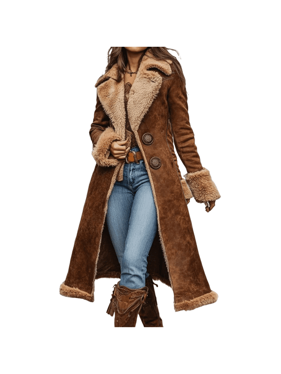 Women's Retro Western Denim Trench Coat with Plush Fleece Insulation, Fashionable and Warm Jacket for Casual Outings and Winter Comfort,Camel L