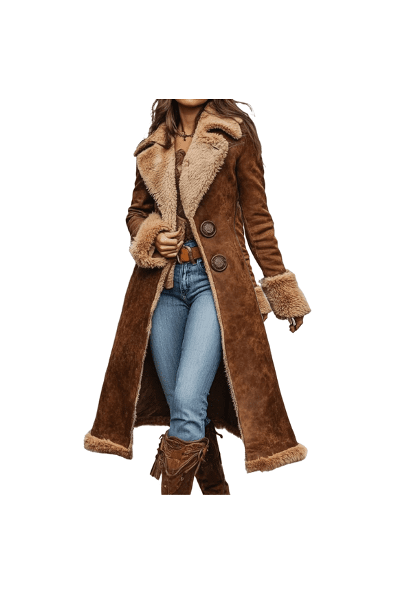 Women's Retro Western Denim Trench Coat with Plush Fleece Insulation, Fashionable and Warm Jacket for Casual Outings and Winter Comfort,Camel M