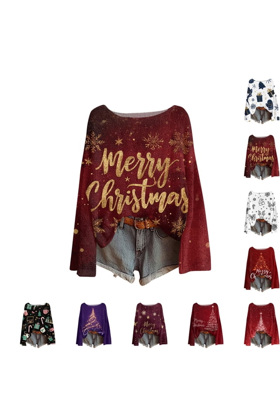 Women's Round Neck Lightweight Sweater Casual Long Sleeve Christmas Print Knit Pullover, Merry Christmas Themed Top with Holiday Cheer,Red 2XL