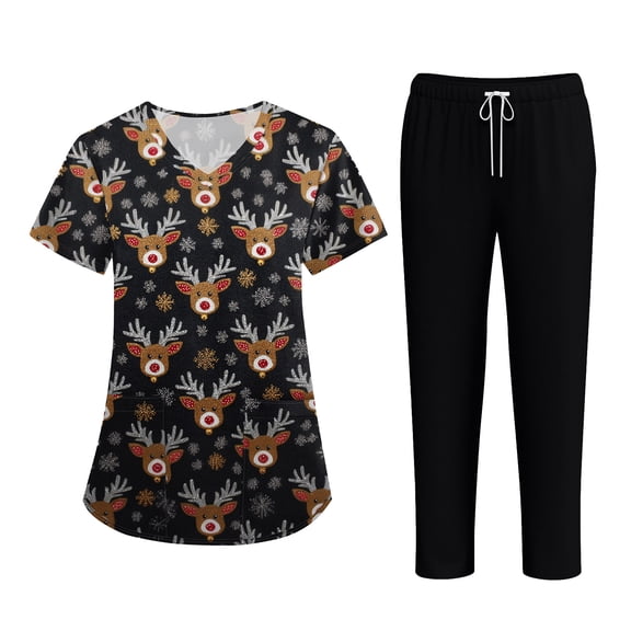 Wutalume Women's Short Sleeve Christmas Print Scrub Set, Pocket Top and Pants Work Uniform, Healthcare Professional Outfit,Black S