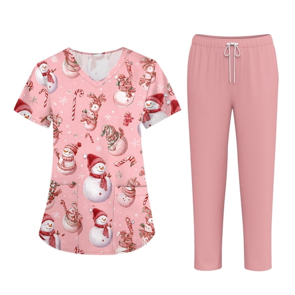 Wutalume Women's Short Sleeve Christmas Print Scrub Set, Pocket Top and Pants Work Uniform, Healthcare Professional Outfit,Light pink 3XL