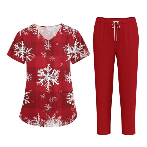 Wutalume Women's Short Sleeve Christmas Print Scrub Set, Pocket Top and Pants Work Uniform, Healthcare Professional Outfit,Wine M