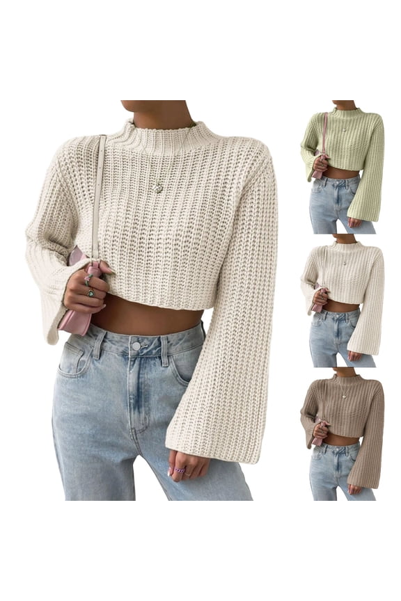 Women's Solid Color Casual Bell Sleeve Knitted Short Sweater, Versatile Flared Sleeve Top, Lightweight Pullover for Transitional Seasons,Camel L