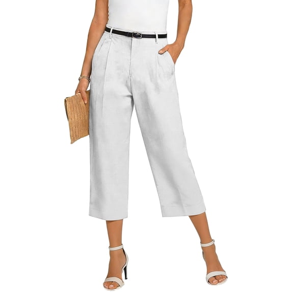 Wutalume Women's Solid Color Casual Fashion Breathable Loose Cotton Linen Capri Pants Summer Beach Vacation Trousers,White M