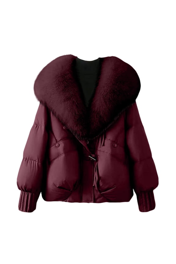 Women's Solid Color Fashionable Thick Warm Temperament Cotton Jacket with Large Collar Cotton Coat Jacket, Cozy and Elegant, Ideal for Cold Weather Outings,Wine L