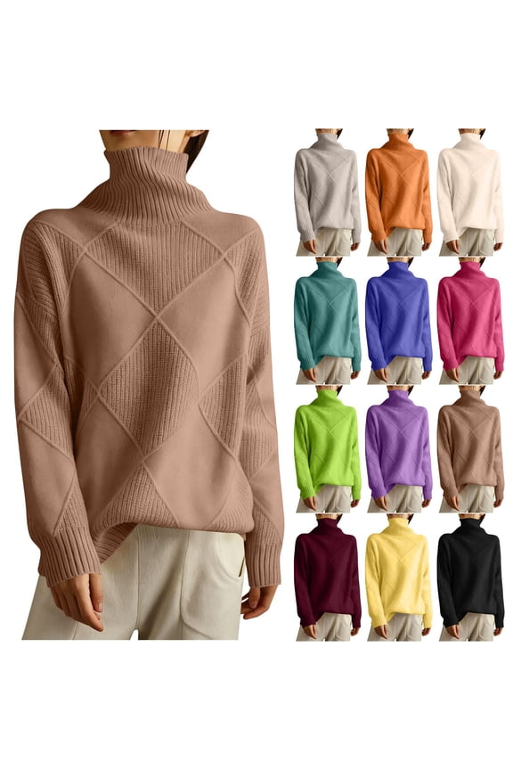 Women's Solid Color High Neck Knitted Top, Casual Commuting Loose Sweater, Warm Pullover for Office and Weekend Wear,Beige 2XL