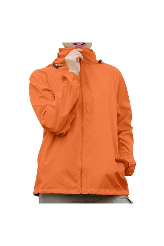 Women's Solid Color Hooded Long Sleeve Jacket Lightweight Windbreaker Sun Protection Coat for Outdoor Hiking Running Sports,Orange 2XL