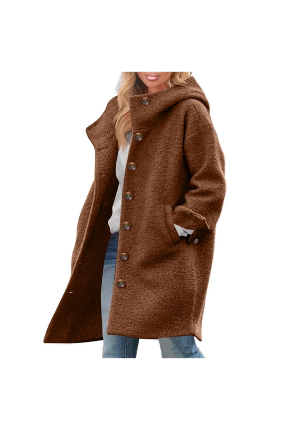 Women's Solid Color Jacket Casual Loose Fit Button Coats Button Up Long Sleeve Outerwear with Pocket, Hooded Overcoat, Wool Blend, Ideal for Fall and Winter,Coffee L