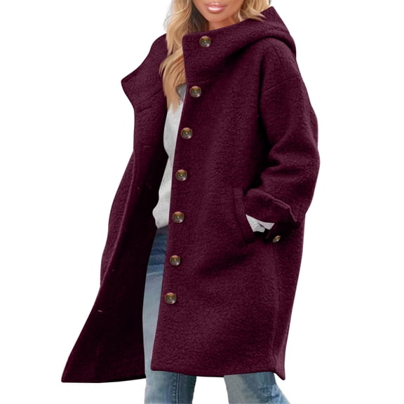 Wutalume Women's Solid Color Jacket Casual Loose Fit Button Coats Button Up Long Sleeve Outerwear with Pocket, Hooded Overcoat, Wool Blend, Ideal for Fall and Winter,Wine 2XL