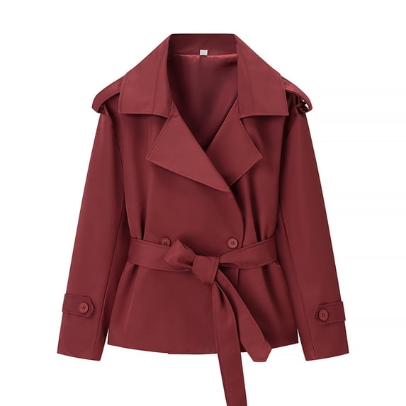 Wutalume Women's Solid Color Thick Long Sleeve Fashion Coat Jacket, Belted Short Jacket for Casual and Office Wear with Modern and Comfortable Design,Red S