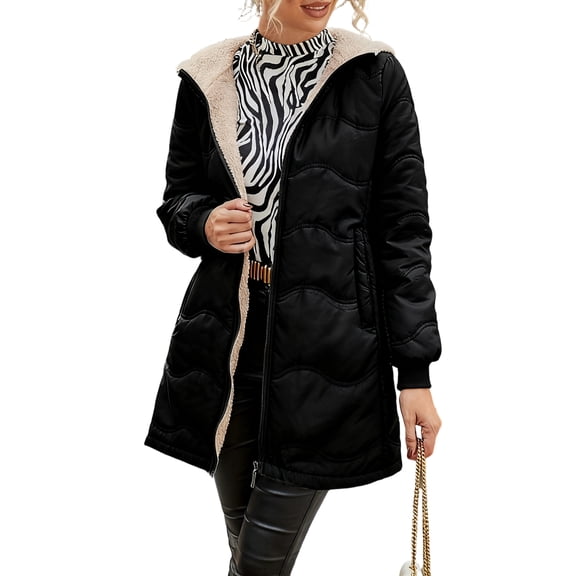 Wutalume Women's Solid Color Thick Long Sleeve Fashion Coat Jacket with Geometric Wave Hood, Mid Length Plush Insulated Coat for Cold Weather Comfort,Black 2XL