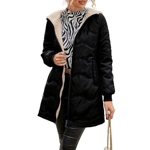 Wutalume Women's Solid Color Thick Long Sleeve Fashion Coat Jacket with Geometric Wave Hood, Mid Length Plush Insulated Coat for Cold Weather Comfort,Black S