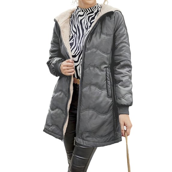 Wutalume Women's Solid Color Thick Long Sleeve Fashion Coat Jacket with Geometric Wave Hood, Mid Length Plush Insulated Coat for Cold Weather Comfort,Gray 2XL