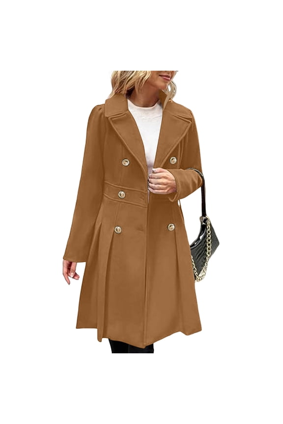 Women's Solid Color Thick Long Sleeve Fashion Coat Jacket, Lapel Design with Double Breasted Buttons, Pockets and Lining, Wool Blend for Fall and Winter,Camel M