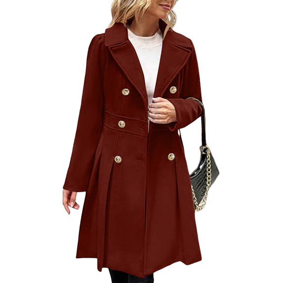Wutalume Women's Solid Color Thick Long Sleeve Fashion Coat Jacket, Lapel Design with Double Breasted Buttons, Pockets and Lining, Wool Blend for Fall and Winter,Deep Red XL