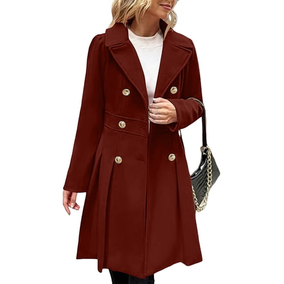 Wutalume Women's Solid Color Thick Long Sleeve Fashion Coat Jacket, Lapel Design with Double Breasted Buttons, Pockets and Lining, Wool Blend for Fall and Winter,Deep Red M