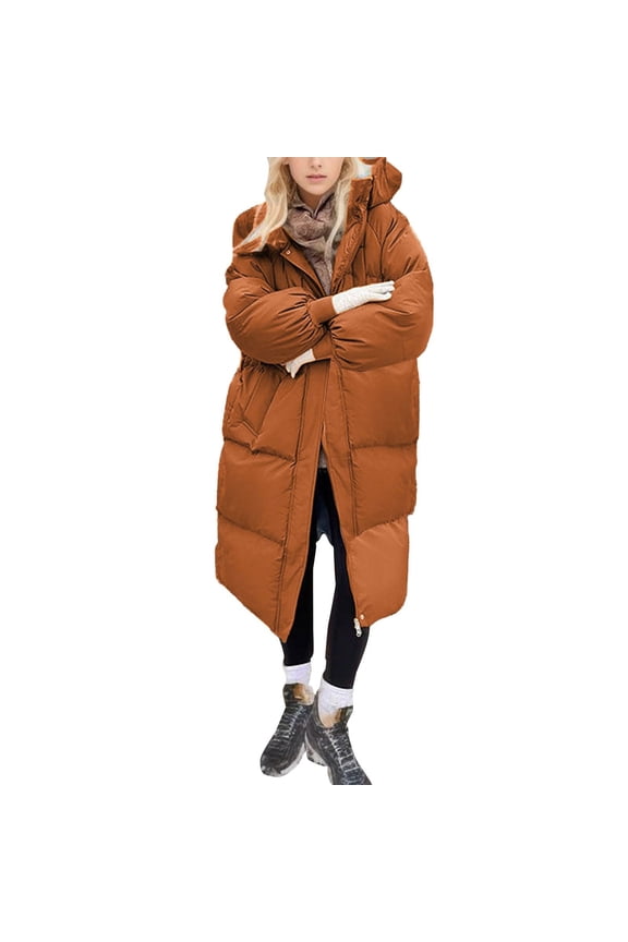 Women's Solid Color Winter Thickened Loose Long Knee-length Cotton-padded Down Jacket Coat, Warm and Cozy, Oversized Design, Perfect for Extreme Cold Weather,Orange 3XL
