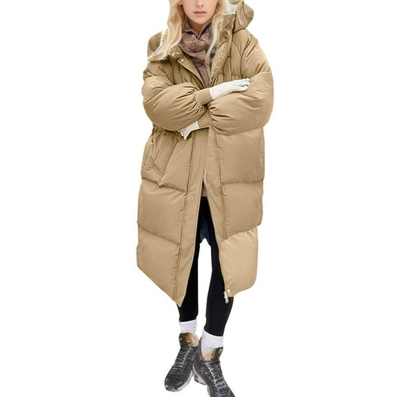 Wutalume Women's Solid Color Winter Thickened Loose Long Knee-length Cotton-padded Down Jacket Coat, Warm and Cozy, Oversized Design, Perfect for Extreme Cold Weather,Khaki L