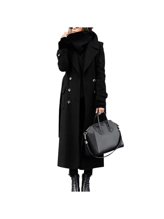 Women's Solid Color Winter Thickened Wool Blend Long Coat with Lining, Elegant and Warm, Oversized Fit, Ideal for Formal and Casual Occasions in Cold Seasons,Black XL