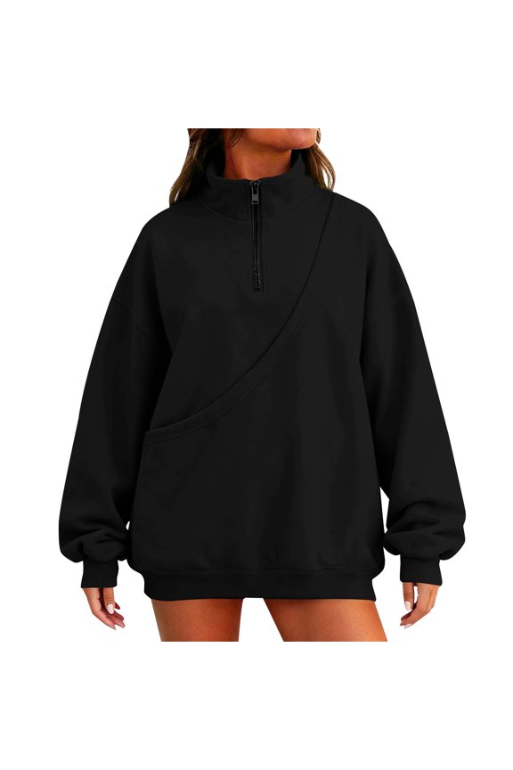 Women's Stand Collar Long Sleeve Sweatshirt Top, Fashionable and Comfortable Design for Casual and Smart Wear, with a Soft Fabric and Versatile Styling Options,Black S
