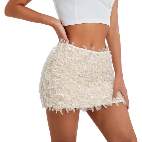 Wutalume Women's Striped Fringe Bodycon Mini Skirt, High Waist Stretch Fit, Sequin Glitter Detail for Party, Club, and Night Out,Beige S