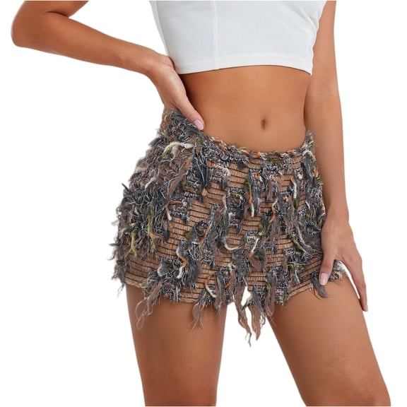 Wutalume Women's Striped Fringe Bodycon Mini Skirt, High Waist Stretch Fit, Sequin Glitter Detail for Party, Club, and Night Out,Khaki S