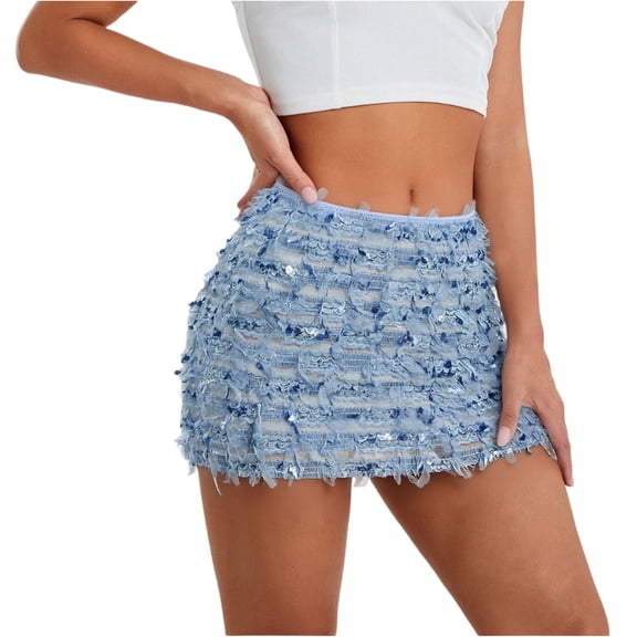 Wutalume Women's Striped Fringe Bodycon Mini Skirt, High Waist Stretch Fit, Sequin Glitter Detail for Party, Club, and Night Out,Light Blue S