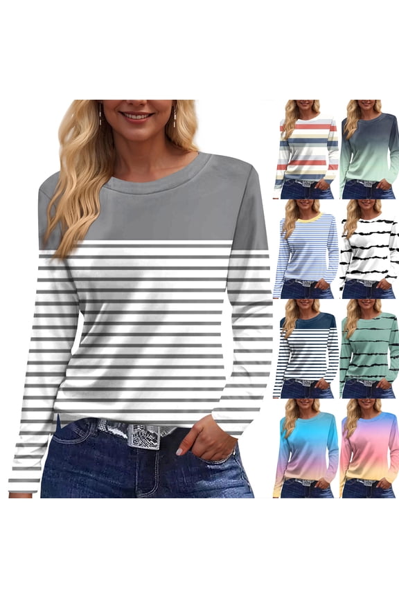 Women's Striped Print Round Neck Long Sleeve Top - Loose T-Shirt for Women with Stylish Side Slit Hem for Street Fashion,Light Gray S